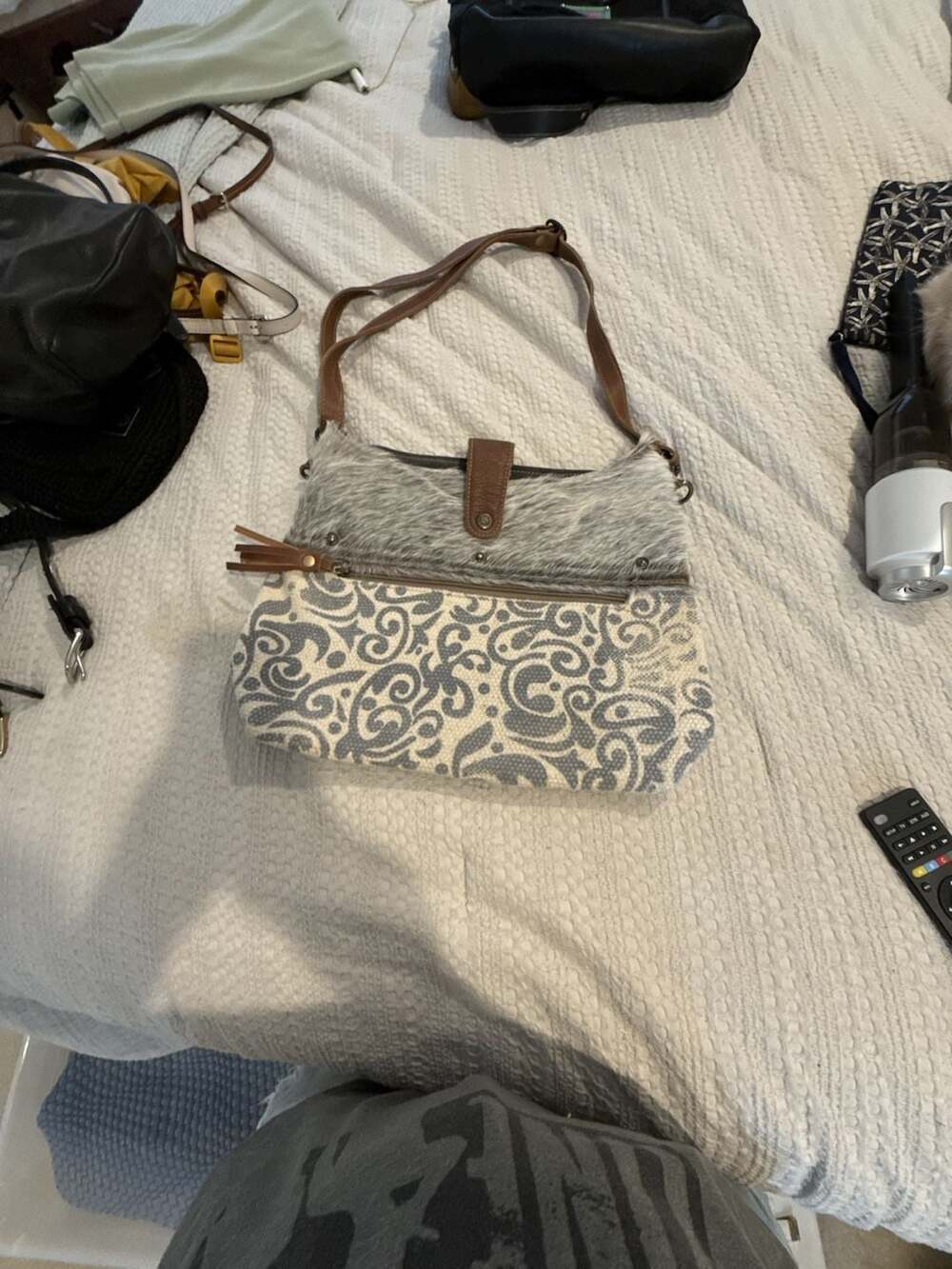Myra Bag Upcycled Canvas and Hair-on Cowhide Western Shoulder Bag